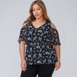 Lane Bryant Cold Shoulder Floral Chiffon Blouse